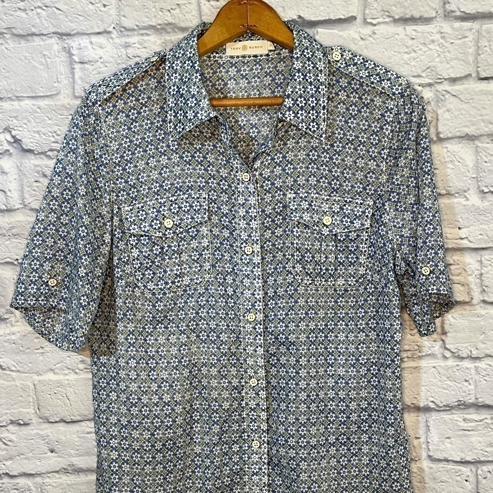 Tory Burch Women’s Short Sleeve Cotton Button Up Blue White Gold Green